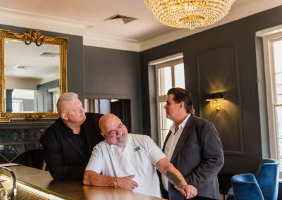 Rugby legend Kobus Wiese, of Wiese Coffee Holdings, and celebrity Chef Pete Goffe-Wood of Viande restaurant at the Grande Roche hotel in Paarl, with owner Hansie Britz